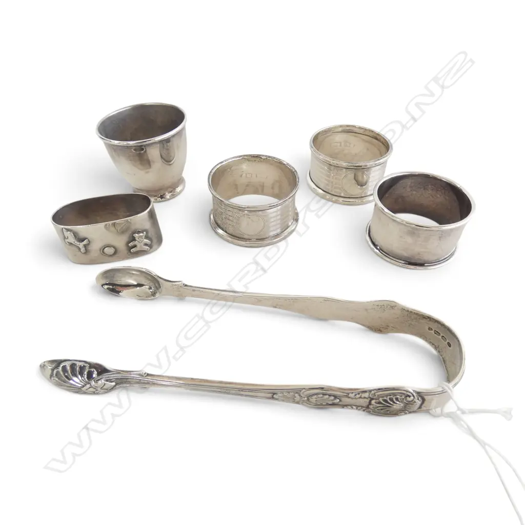 2 STG SILVER NAPKIN RINGS + PR TONGS 93gms + 3 PCES EP Image 1++