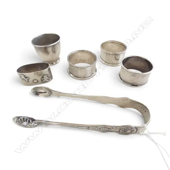 2 STG SILVER NAPKIN RINGS + PR TONGS 93gms + 3 PCES EP