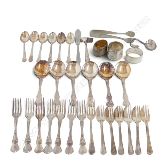 ASST. EP CUTLERY + 3 SILVER NAPKIN RINGS (800, 835, 925) 68gms