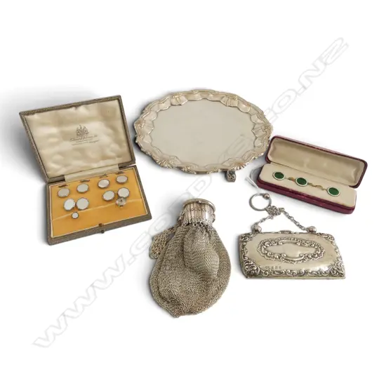 5 ITEMS; OLD SHEFFIELD PLATE WAITER 170mm dia, 2 SILVER COIN PURSES (1 STG 70gms), 2 SETS CASED STG STUDS / CUFFLINKS 