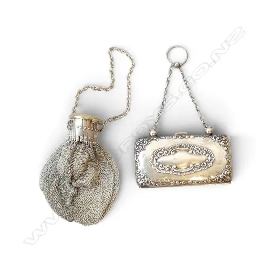 2 COIN PURSES (1 STG B'HAM 1907 W.95mm 70gms), and 1 SILVER COLOURED - not silver