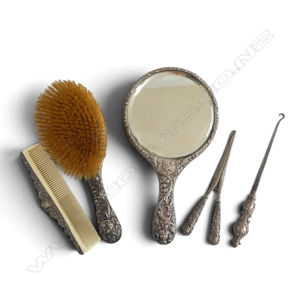 5 piece Stg Silver backed dressing table set: hand brush + mirror + comb + hook + tongs - FAULTS TO COMB Image 1++