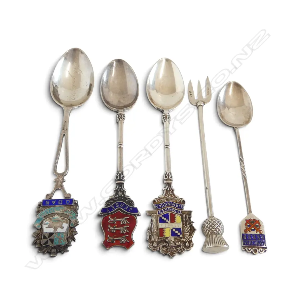4 STG SILVER & ENAMEL SOUVENIR SPOONS + STG PICKLE FORK Image 1++