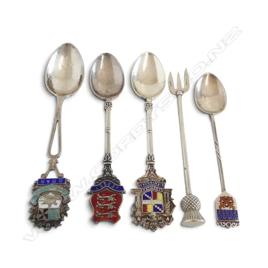 4 STG SILVER & ENAMEL SOUVENIR SPOONS + STG PICKLE FORK