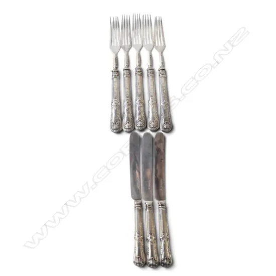 5 VICTORIAN STG SILVER FORKS & 3 FRUIT KNIVES blade & fork & handles silver w. metal core 300gms