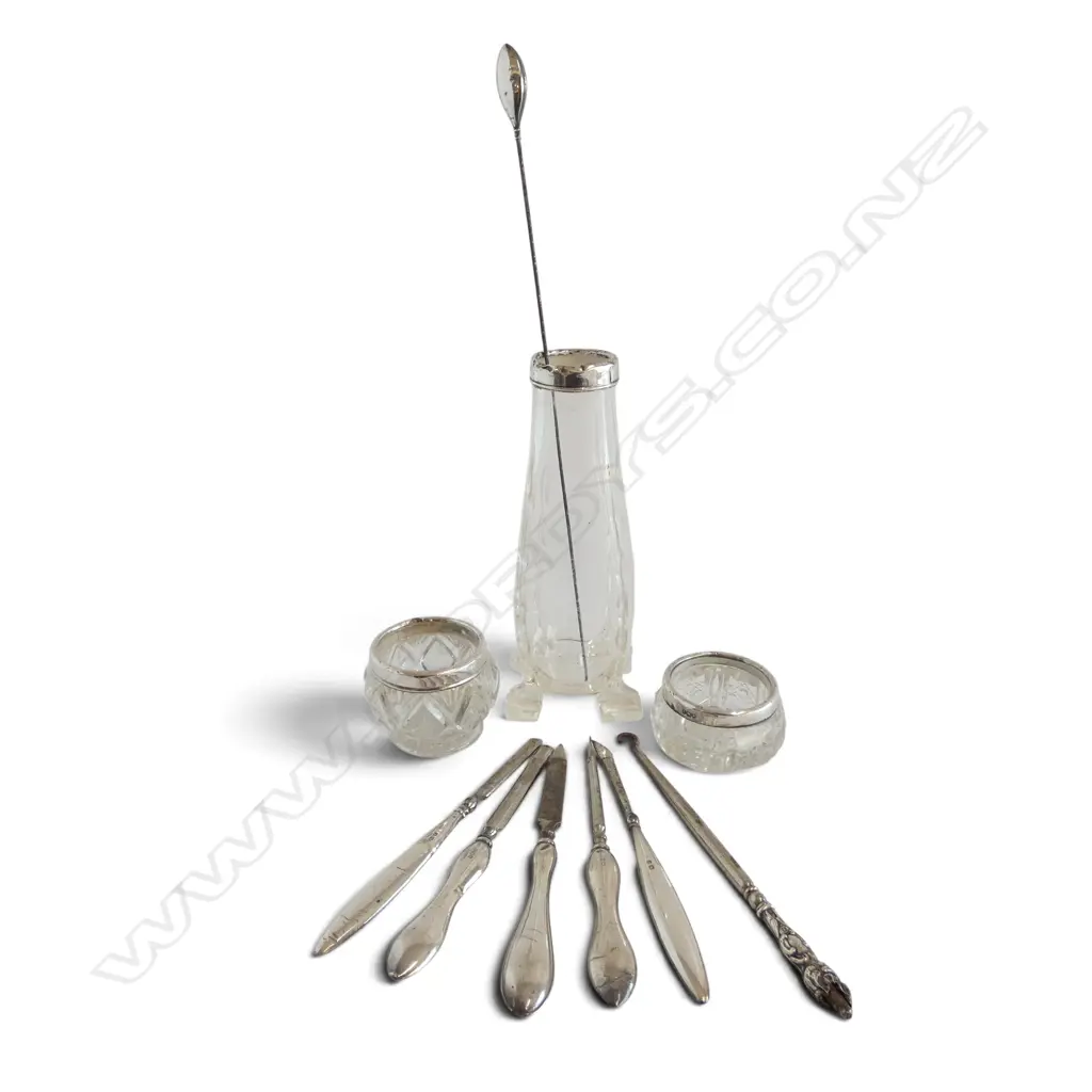 10PCS STG SILVER HALLMARKS - VASE, 2 SALTS, 5 MANICURE, HATPIN, BOOTHOOK SOME DENTS, H.150MM (VASE) Image 1++