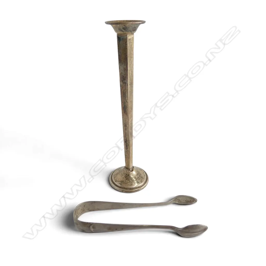 SILVER SUGAR NIPS Sheffield 1894. 20gms + 'Cartier Sterling Weighted' silver taper stick. H.135mm. 31gms Image 1++