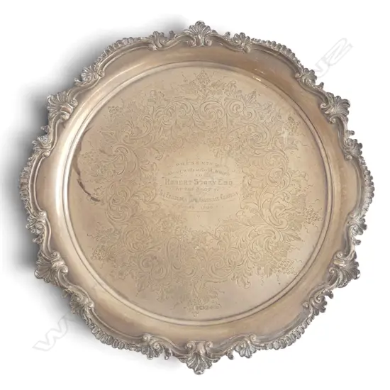 Late Victorian silver salver. Decorative border. Presentation engraved. Sheff'd 1899 by William Mammatt & Son. 648gms