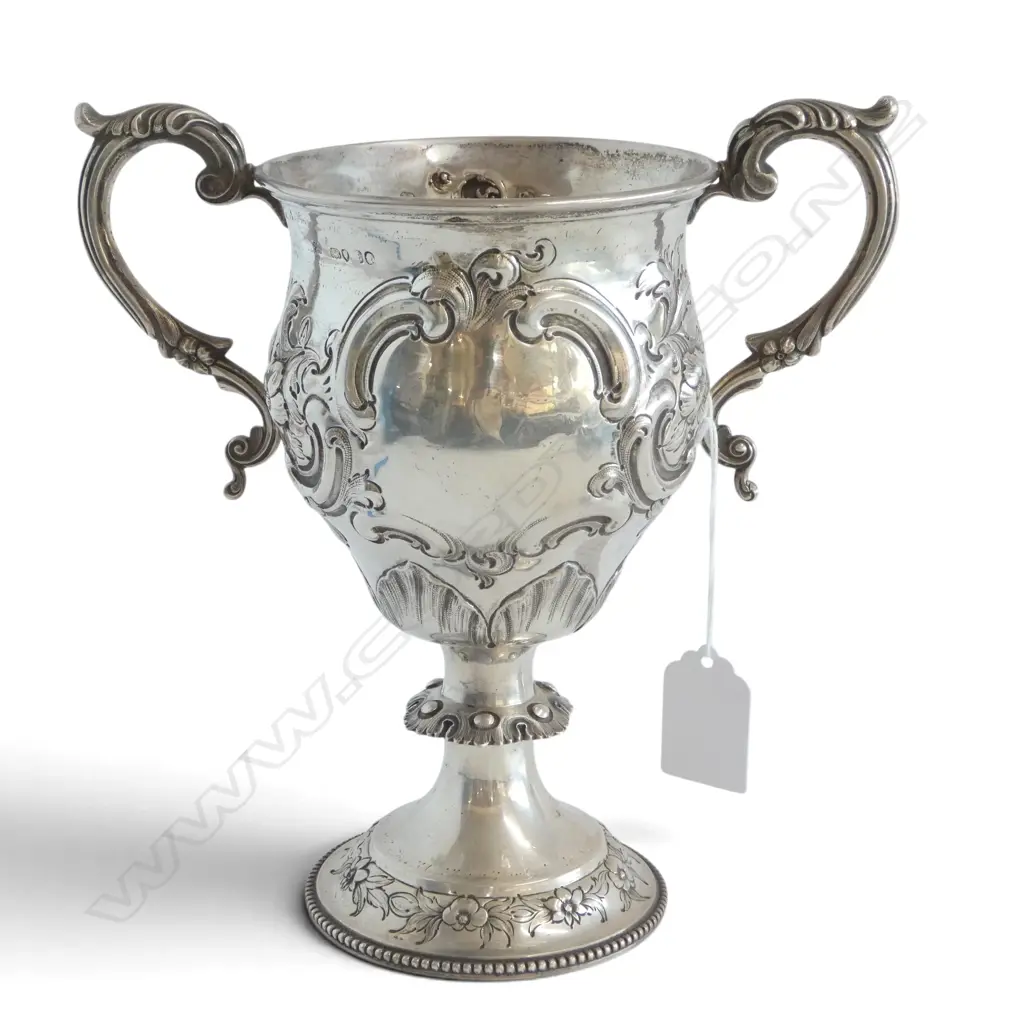 VICTORIAN STG SILVER TROPHY CUP, LONDON 1861, embossed cartouche & scroll 332gms Image 1++