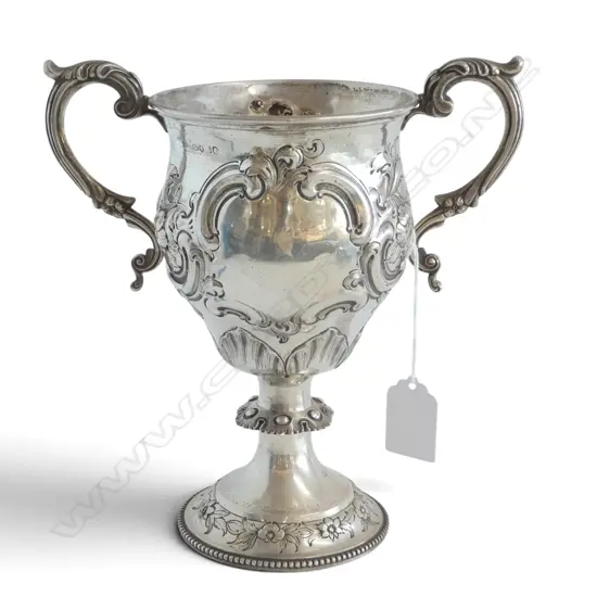VICTORIAN STG SILVER TROPHY CUP, LONDON 1861, embossed cartouche & scroll 332gms