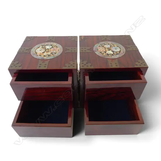 ORIENTAL STYLE DOWRY JEWELLERY BOX IN ROSEWOOD AND MOTHER OF PEARL 240mm (H)
