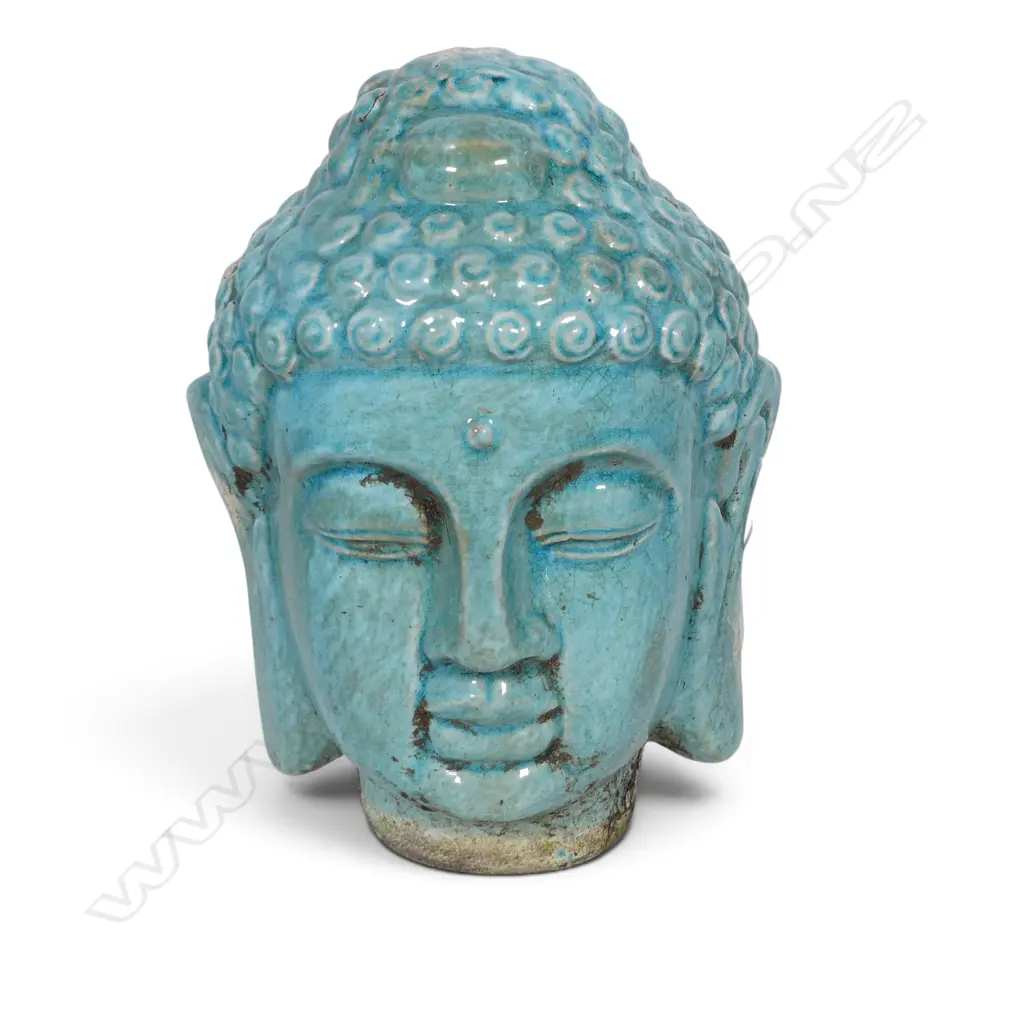 TURQUOISE CRACKLE GLAZED CERAMIC BUDDHA HEAD SOME AGED LOST ON THE HAIR. H.240MM Image 1++