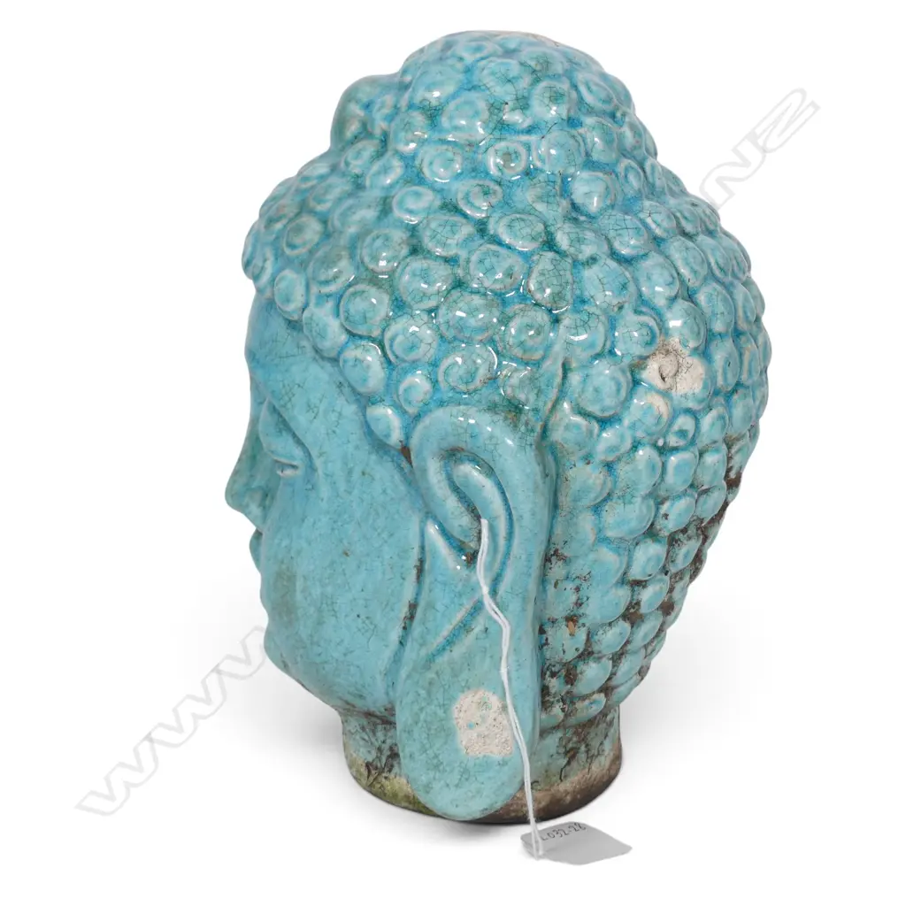 TURQUOISE CRACKLE GLAZED CERAMIC BUDDHA HEAD SOME AGED LOST ON THE HAIR. H.240MM Image 1++
