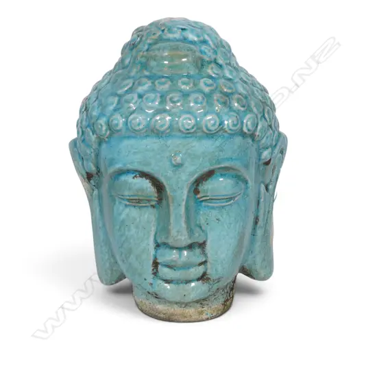TURQUOISE CRACKLE GLAZED CERAMIC BUDDHA HEAD SOME AGED LOST ON THE HAIR. H.240MM