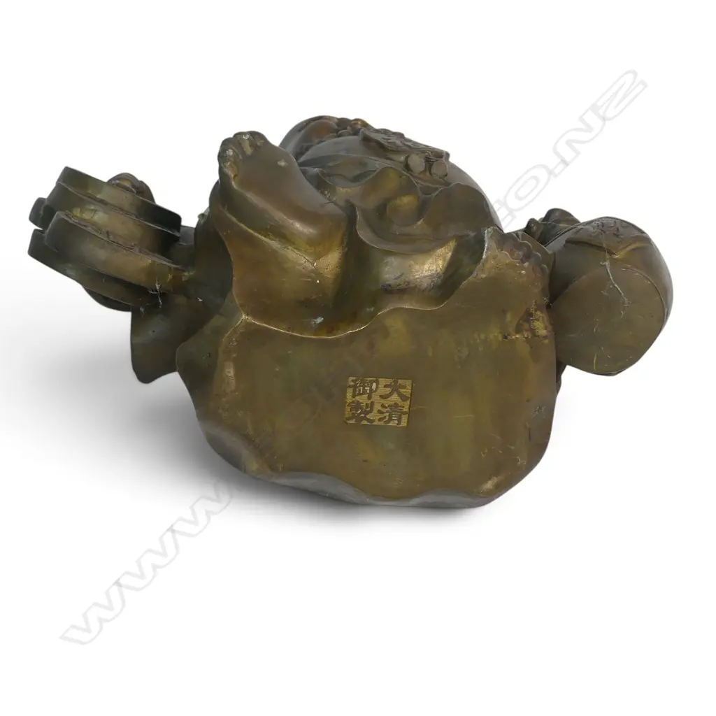 BRONZE FINISHED BRASS SCULPTURE OF LAUGHING BUDDHA (HOTEI) TRAVELING MONK CARRYING WEALTH, CAST TO THE BASE, 250 X 120MM Image 1++