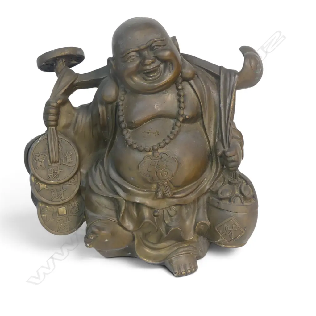 BRONZE FINISHED BRASS SCULPTURE OF LAUGHING BUDDHA (HOTEI) TRAVELING MONK CARRYING WEALTH, CAST TO THE BASE, 250 X 120MM Image 1++