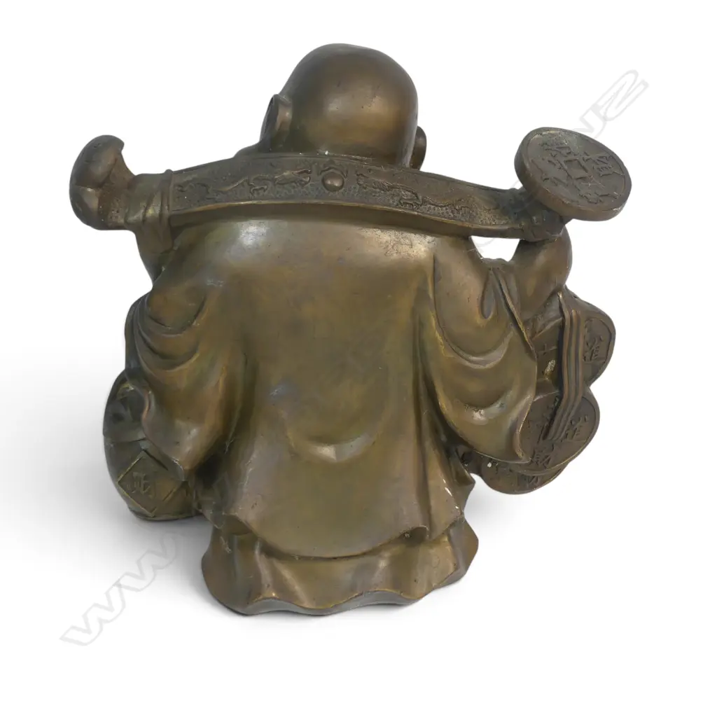 BRONZE FINISHED BRASS SCULPTURE OF LAUGHING BUDDHA (HOTEI) TRAVELING MONK CARRYING WEALTH, CAST TO THE BASE, 250 X 120MM Image 1++