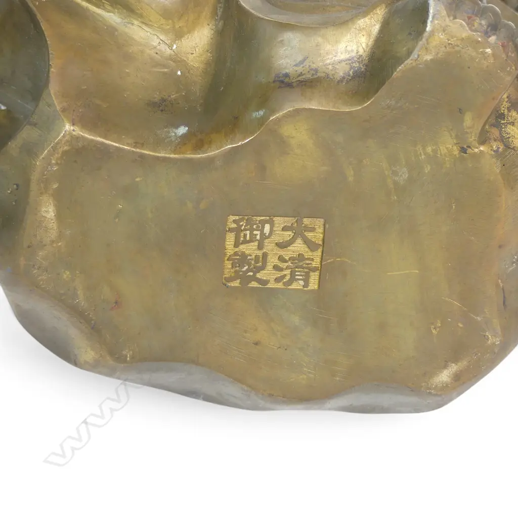 BRONZE FINISHED BRASS SCULPTURE OF LAUGHING BUDDHA (HOTEI) TRAVELING MONK CARRYING WEALTH, CAST TO THE BASE, 250 X 120MM Image 1++