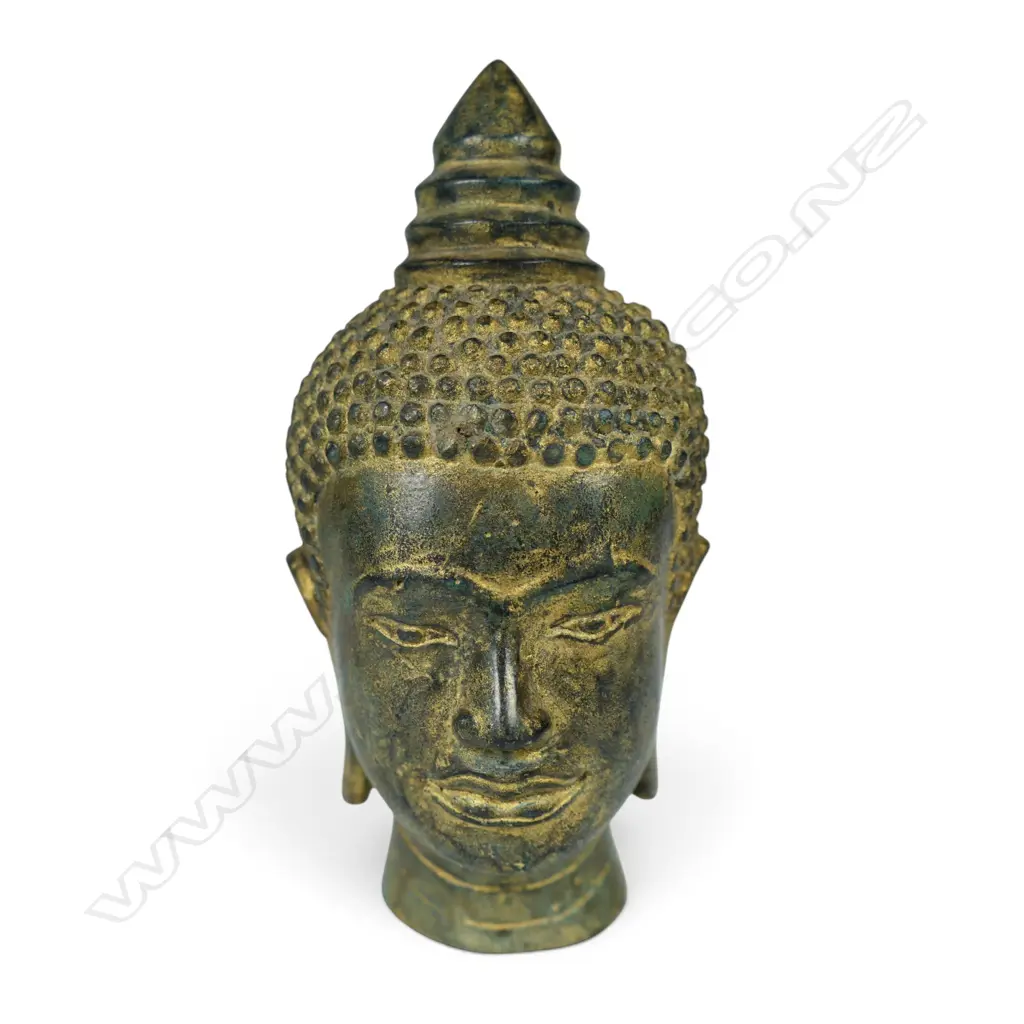 KHMER STYLE CAST BRONZE MEDITATIVE BUDDHA HEAD WITH GOLDEN HIGHLIGHTS FINISH, AGED PATINA, 80 X 100MM Image 1++