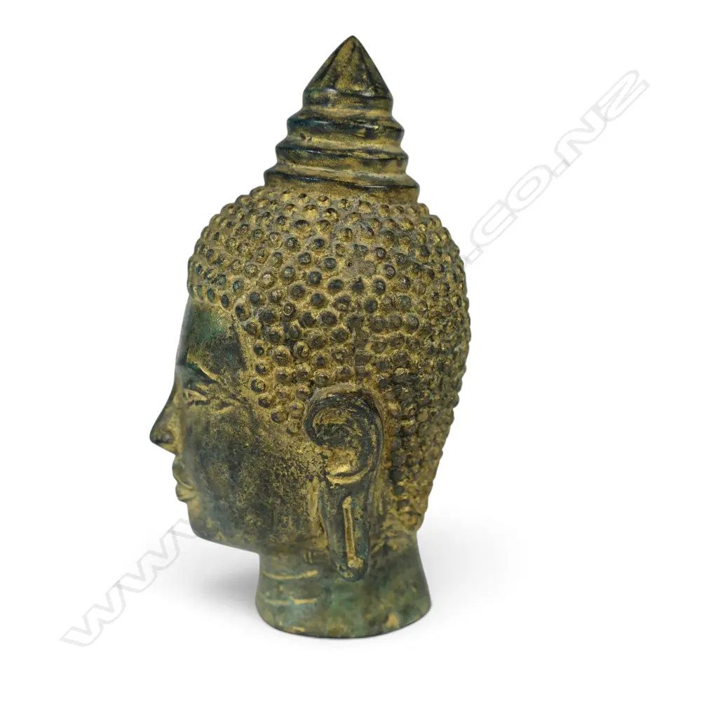 KHMER STYLE CAST BRONZE MEDITATIVE BUDDHA HEAD WITH GOLDEN HIGHLIGHTS FINISH, AGED PATINA, 80 X 100MM Image 1++