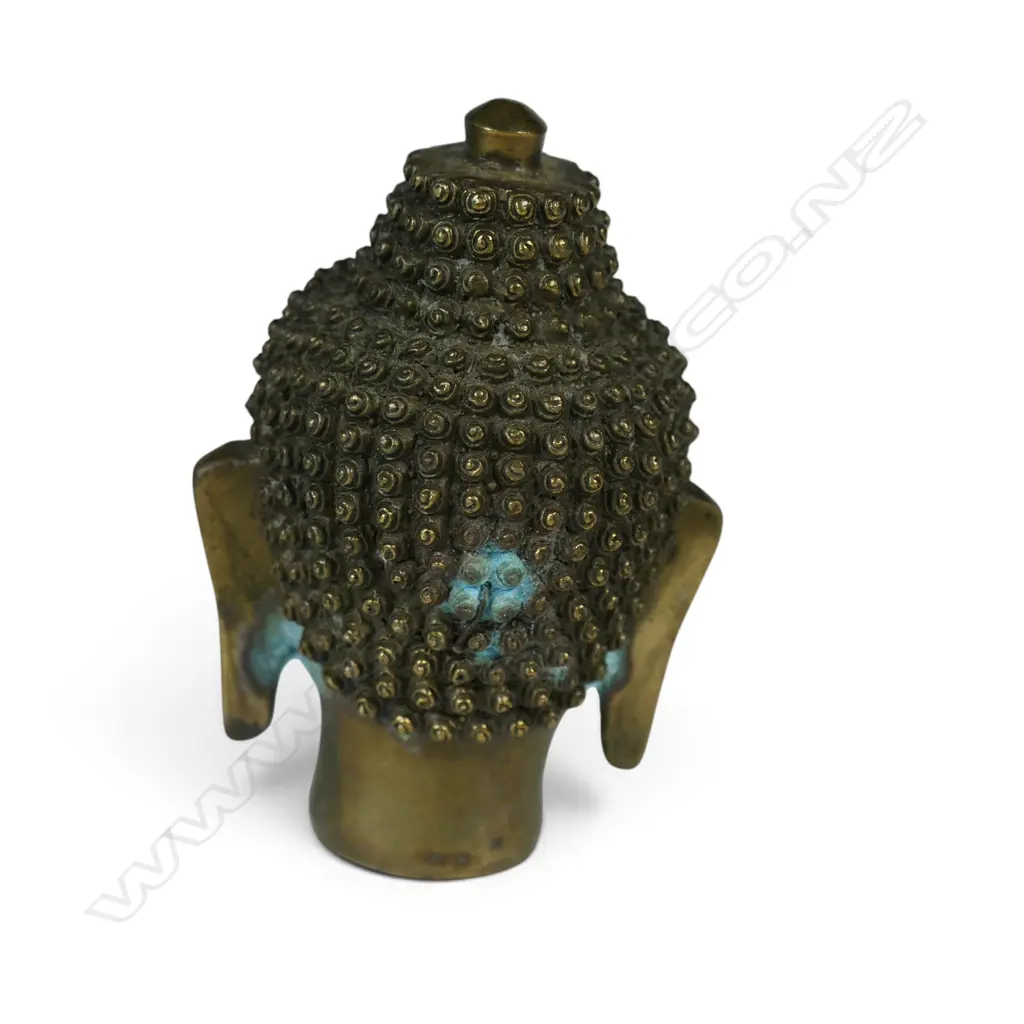 EAST ASIAN CAST BRASS MEDITATIVE BUDDHA HEAD WITH SNAIL CURL HAIR, FLORAL STAMP UNDER,SOME OXIDATION, 100 X 30MM Image 1++