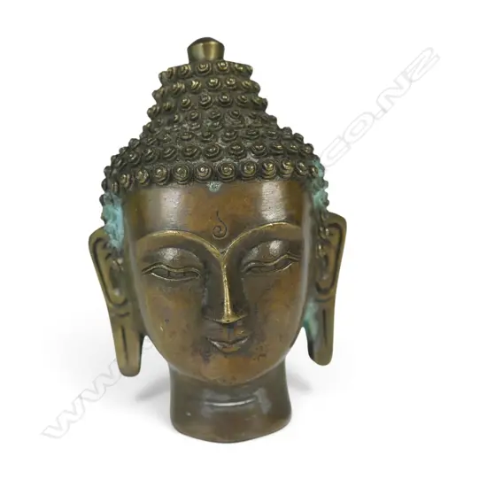 EAST ASIAN CAST BRASS MEDITATIVE BUDDHA HEAD WITH SNAIL CURL HAIR, FLORAL STAMP UNDER,SOME OXIDATION, 100 X 30MM