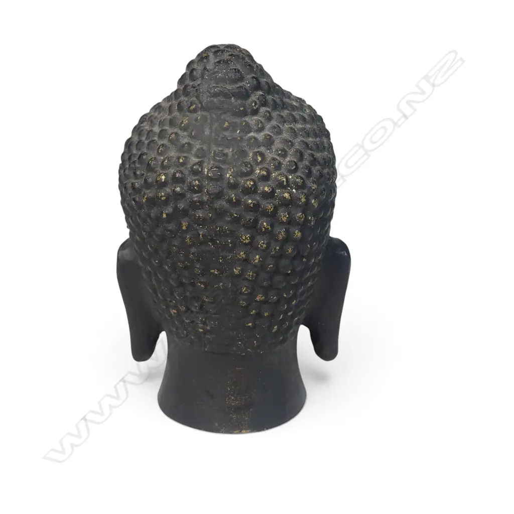 SOUTHEAST ASIAN DARK MAT BRONZED BUDDHA HEAD WITH TRADITIONAL CURLED HAIR DETAILS, SOME ABRASION TO NOISE, 111 X 45MM Image 1++