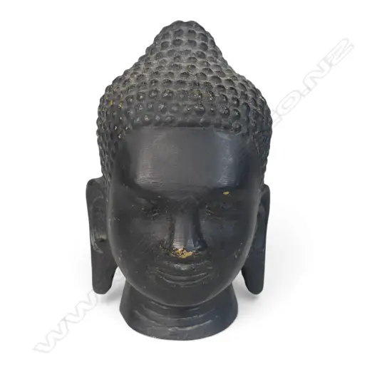 SOUTHEAST ASIAN DARK MAT BRONZED BUDDHA HEAD WITH TRADITIONAL CURLED HAIR DETAILS, SOME ABRASION TO NOISE, 111 X 45MM