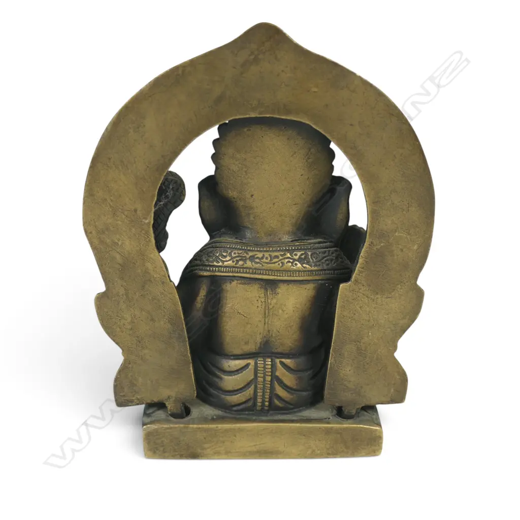 AGED BRONZED FIGURINE OF GANESHA IN A BLESSING POSITION ABHAYA MUDRA  WITH HIS MONT, THE MOUSE AT THE BASE, 70 X 130MM Image 1++