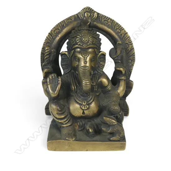 AGED BRONZED FIGURINE OF GANESHA IN A BLESSING POSITION ABHAYA MUDRA  WITH HIS MONT, THE MOUSE AT THE BASE, 70 X 130MM