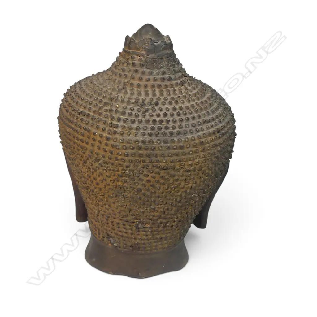 KHMER STYLE DARK BRONZE BUDDHA HEAD WITH TRADITIONAL FINE CURLED HAIR DETAILS, SLIGHT AGED BROWNISH PATINA, 220 X 90MM Image 1++