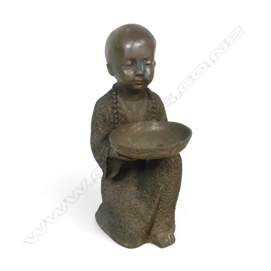 HEAVY BRASS BRONZED PATINA KNEELING OFFERING MONK WITH SLIGHT DAMAGE TO FACE & SIGN OF AGE. H 230MM