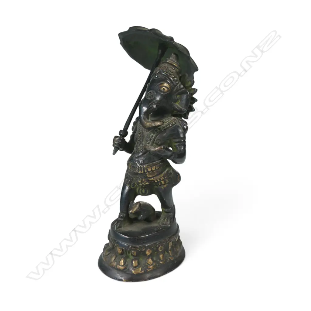 DARK METAL BRONZED FIGURINE OF GANESHA HOLDING A CANOPY SYMBOLIZING DIVINE PROTECTION. H.150MM Image 1++