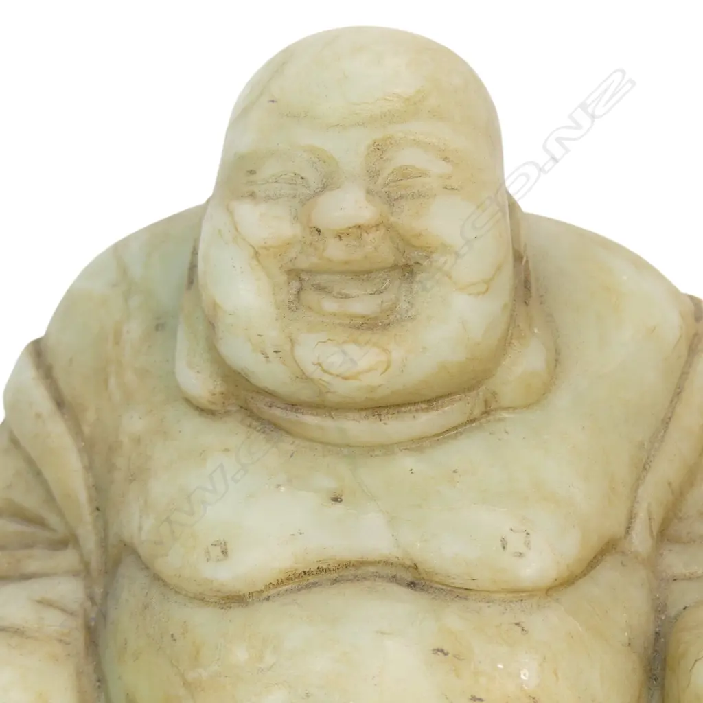 CARVED LIGHT GREEN SOAPSTONE HOTEI LAUGHING BUDDHA WITH BROWN PATINA SEATED ON A WOODEN BASE. H.160MM Image 1++