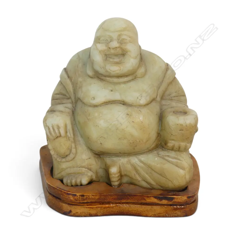 CARVED LIGHT GREEN SOAPSTONE HOTEI LAUGHING BUDDHA WITH BROWN PATINA SEATED ON A WOODEN BASE. H.160MM Image 1++