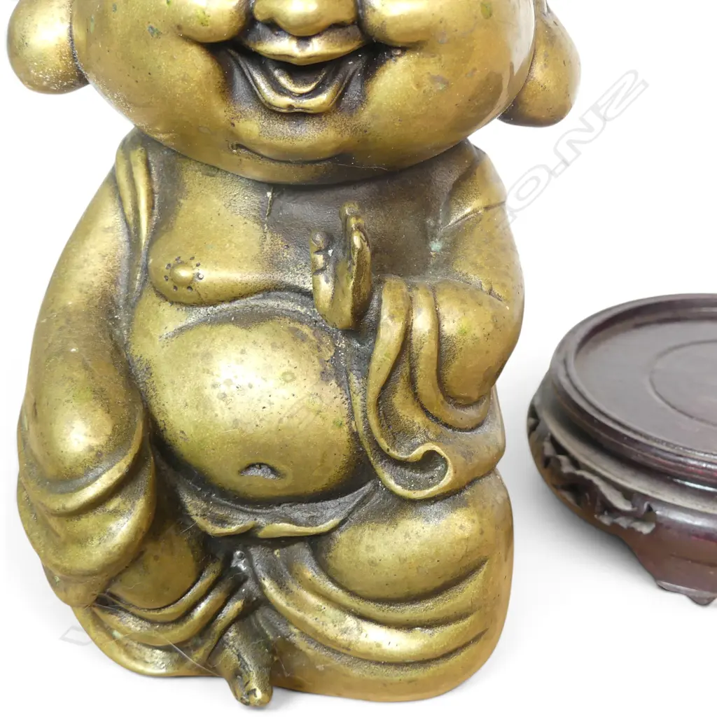 CAST BRASS LAUGHING BUDDHA (BUDAI) ON A WOODEN BASE, SYMBOLE OF HAPINESS & GOOD FORTUNE, H.220MM Image 1++