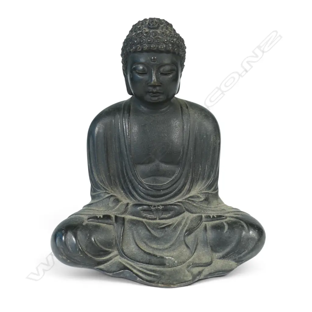 JAPANESE METAL BRONZED STATUE OF BUDDHA IN A MEDITATIVE POSTURE (DHYANA MUDRA),SIGNED BY THE ARTIST UNDER, 110 X 120MM Image 1++