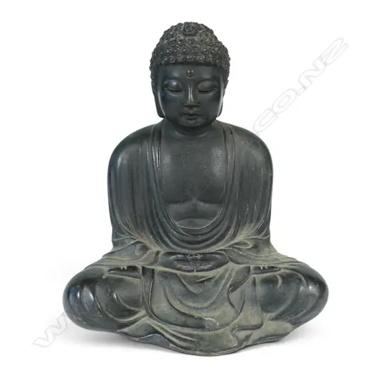 JAPANESE METAL BRONZED STATUE OF BUDDHA IN A MEDITATIVE POSTURE (DHYANA MUDRA),SIGNED BY THE ARTIST UNDER, 110 X 120MM