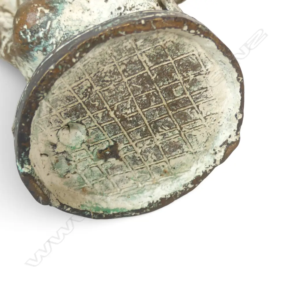 OUEST AFRICAIN CAST COPPER TRADITIONAL CEREMONIAL TOBACCO PIPE, AGED PATINA  WITH LIME HIGHLIGHTS. H.350MM Image 1++