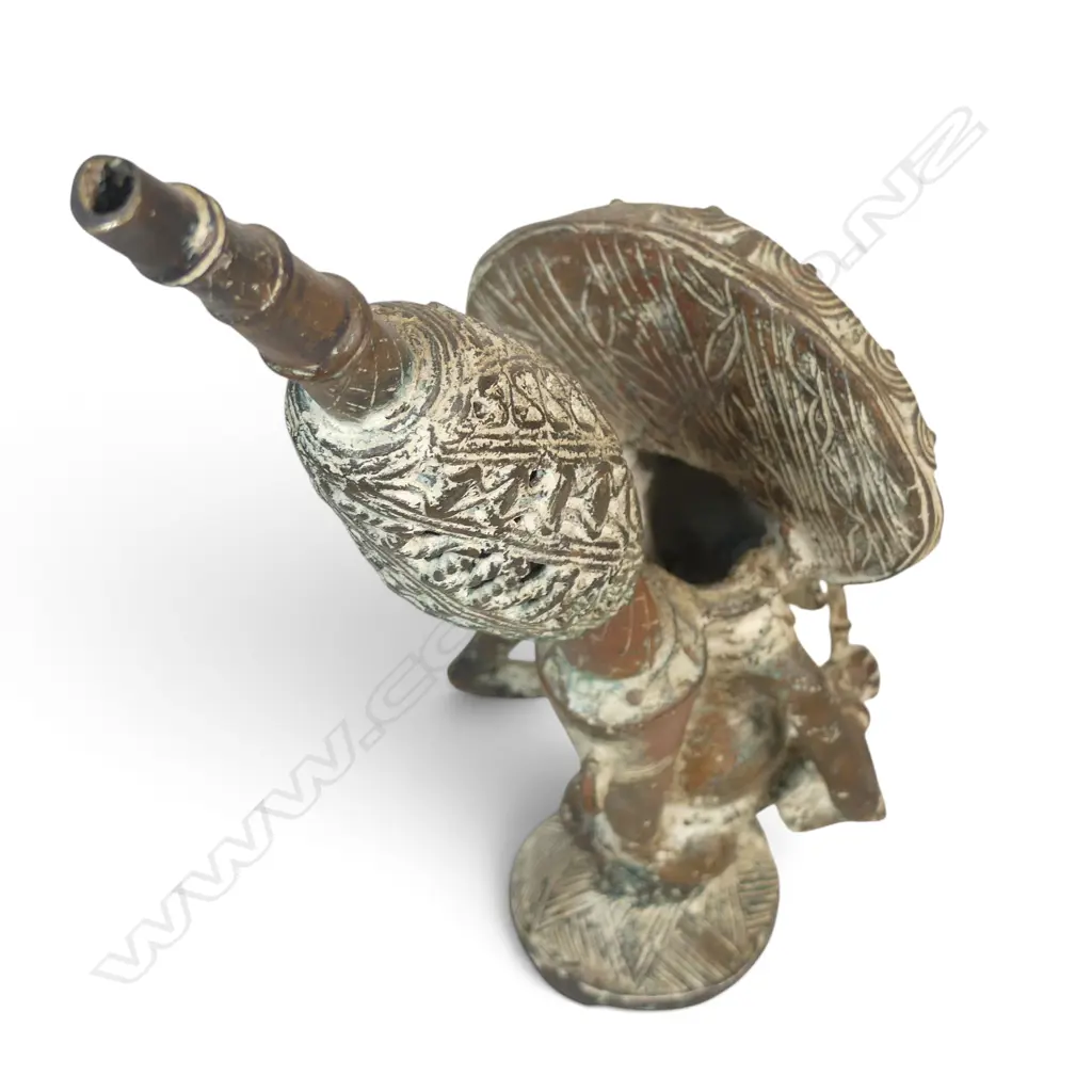 OUEST AFRICAIN CAST COPPER TRADITIONAL CEREMONIAL TOBACCO PIPE, AGED PATINA  WITH LIME HIGHLIGHTS. H.350MM Image 1++