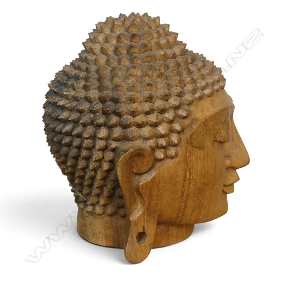 CARVED WOODEN MEDITATIVE BUDDHA HEAD WITH SNAIL CURL HAIR, H.230MM Image 1++