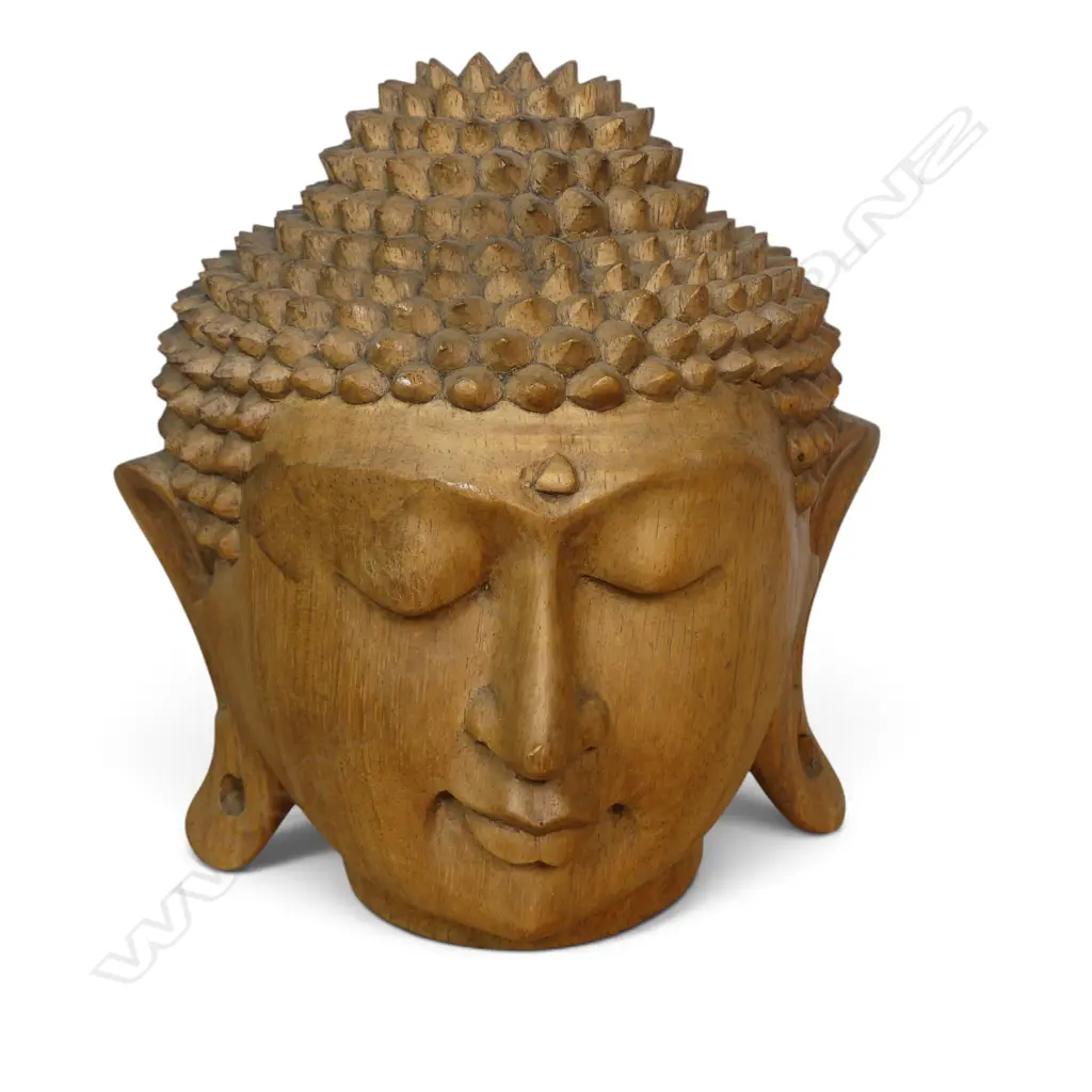 CARVED WOODEN MEDITATIVE BUDDHA HEAD WITH SNAIL CURL HAIR, H.230MM Image 1++