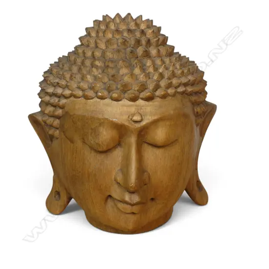 CARVED WOODEN MEDITATIVE BUDDHA HEAD WITH SNAIL CURL HAIR, H.230MM