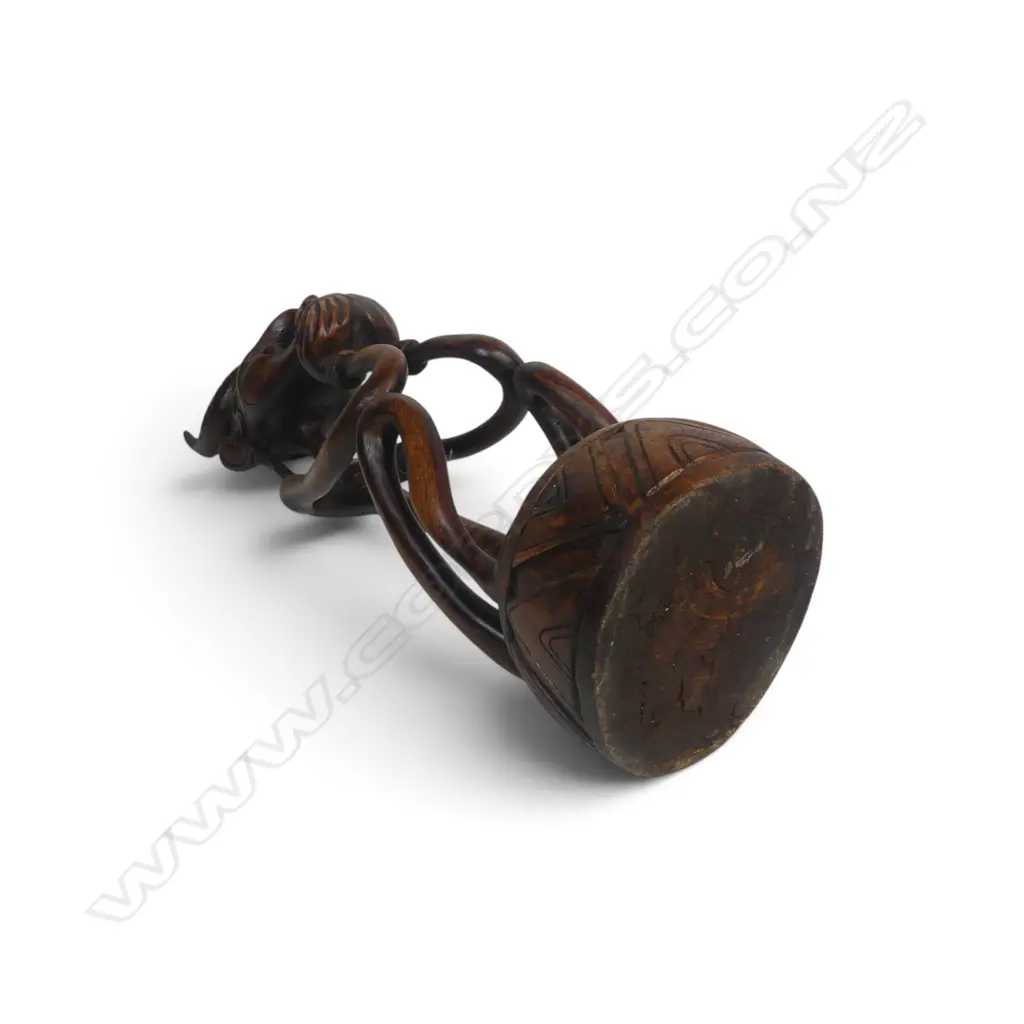 STYLIZED HAND CARVED WOODEN TRIBAL SCULPTURE OF A SEATED HORNED ANCESTOR, 470 X 130MM Image 1++