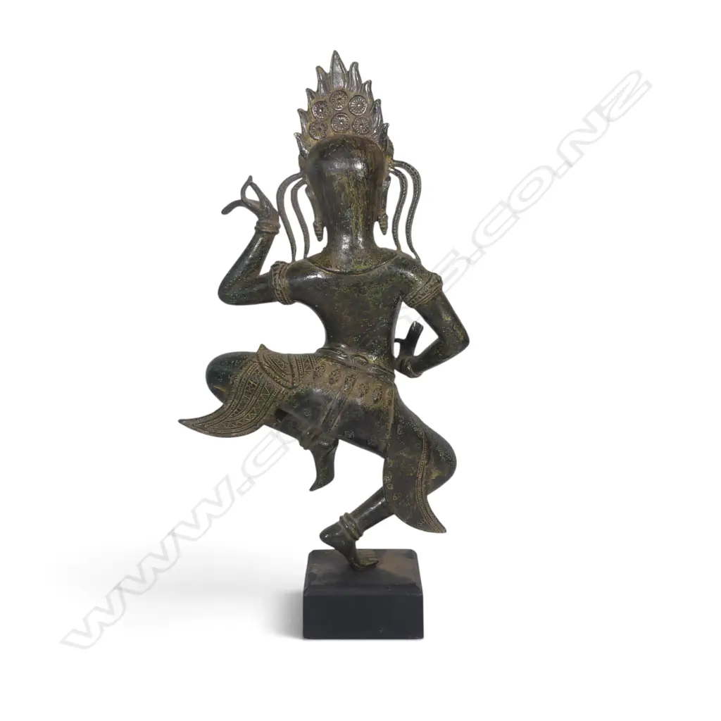MONTED CAMBODIAN APSARA CELESTIAL DANCER BRONZE SCUPTURE WITH AGED DARK GREEN PATINA. H.500MM Image 1++