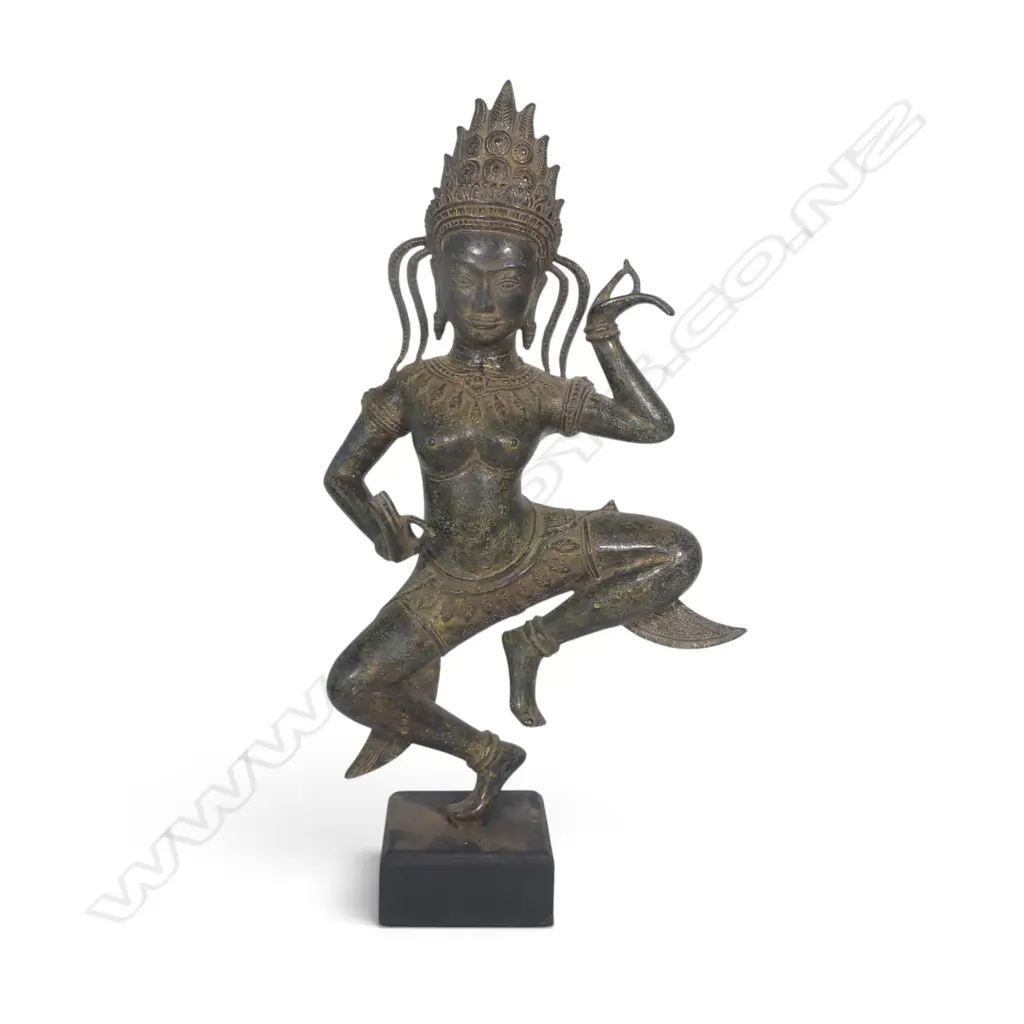 MONTED CAMBODIAN APSARA CELESTIAL DANCER BRONZE SCUPTURE WITH AGED DARK GREEN PATINA. H.500MM Image 1++