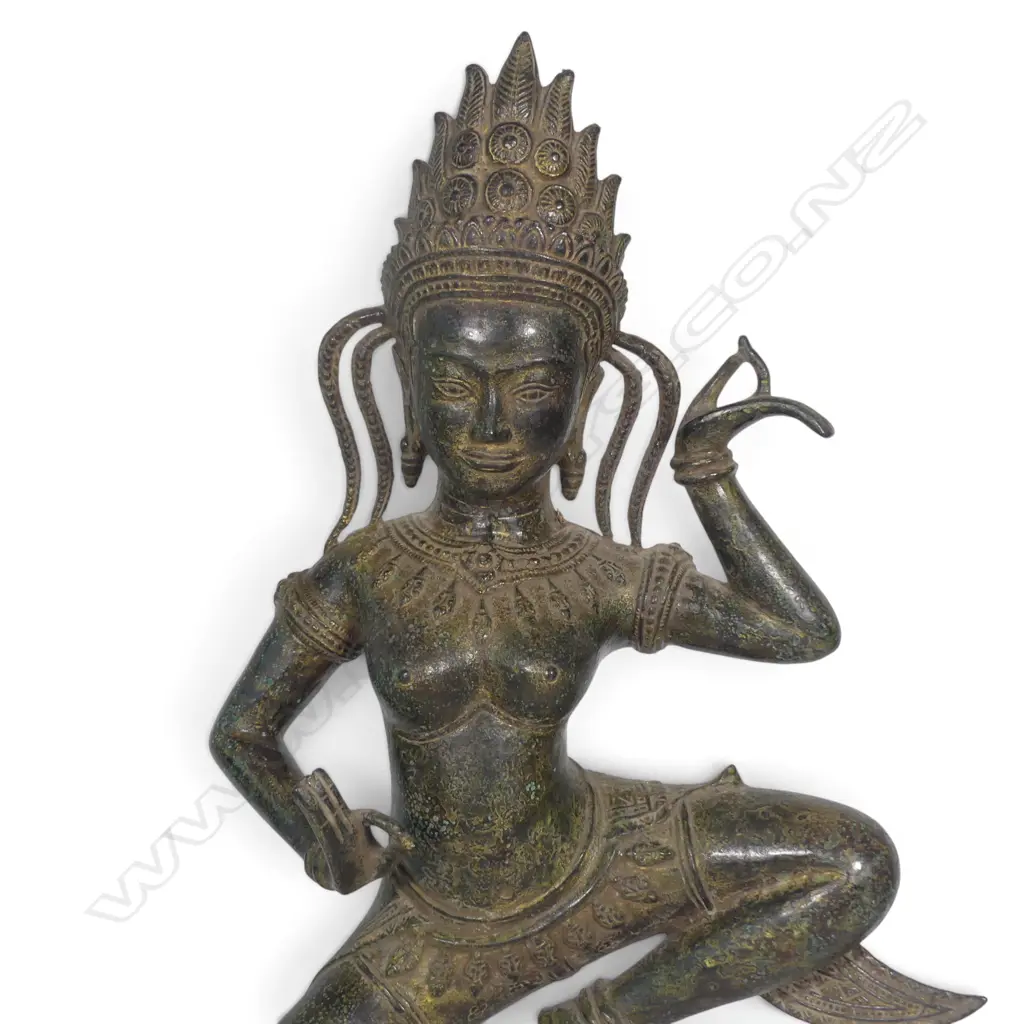 MONTED CAMBODIAN APSARA CELESTIAL DANCER BRONZE SCUPTURE WITH AGED DARK GREEN PATINA. H.500MM Image 1++