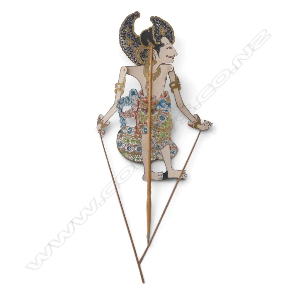 INDONESIAN WAYANG KULIT TRADITIONAL SHADOW PUPPET OF  PRINCE ARJUNA, WOODEN RODS & WATER BUFFALO HIDE,H.700MM Image 1++
