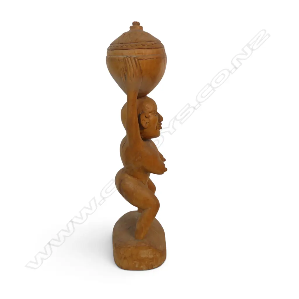 TRIBAL HAND CARVED WOODEN FIGURE OF A STYLIZED WOMEN BALANCING A POT ON HER HEAD, LIGHT WOOD, 350 X 100MM Image 1++