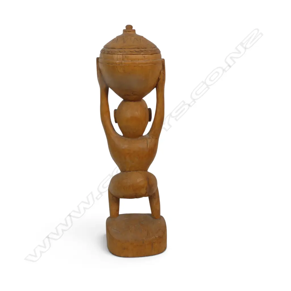 TRIBAL HAND CARVED WOODEN FIGURE OF A STYLIZED WOMEN BALANCING A POT ON HER HEAD, LIGHT WOOD, 350 X 100MM Image 1++